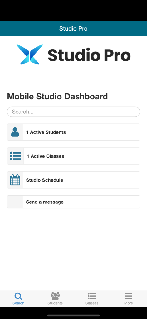 Studio Pro Manager - Tableau de bord mobile de l'application Studio Pro Manager montrant le nombre d'élèves et les horaires des cours