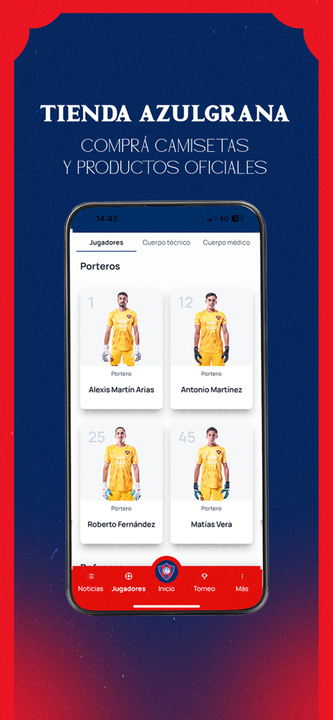 Club Cerro Porteño - Smartphone screen displaying the Club Cerro Porteno official app with a list of goalkeepers and their names