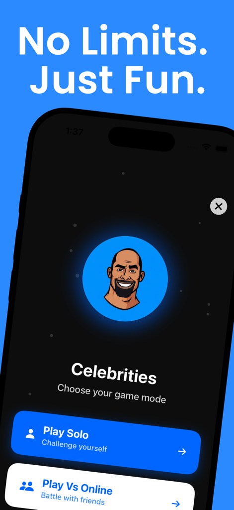 Trivia King: The Quiz of Kings - Trivia King app screenshot showing game mode selection for a Celebrities quiz topic with options for solo play and online battles