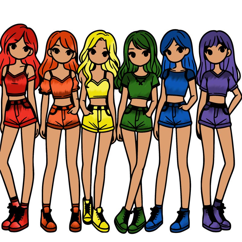 a group of girls wearing crop tops and shorts