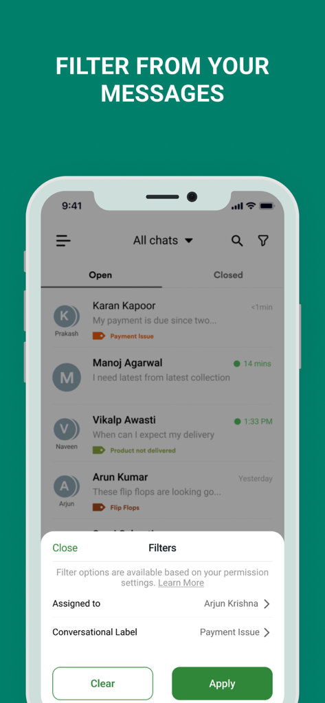 A mobile screen showing the Interakt app interface with message filtering options by assigned agent and conversational label.
