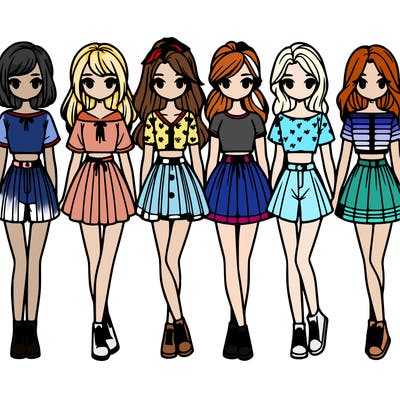 'a group of girls wearing shirt dresses crop tops skirts and shorts