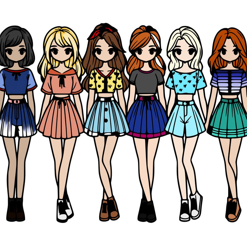 'a group of girls wearing shirt dresses crop tops skirts and shorts