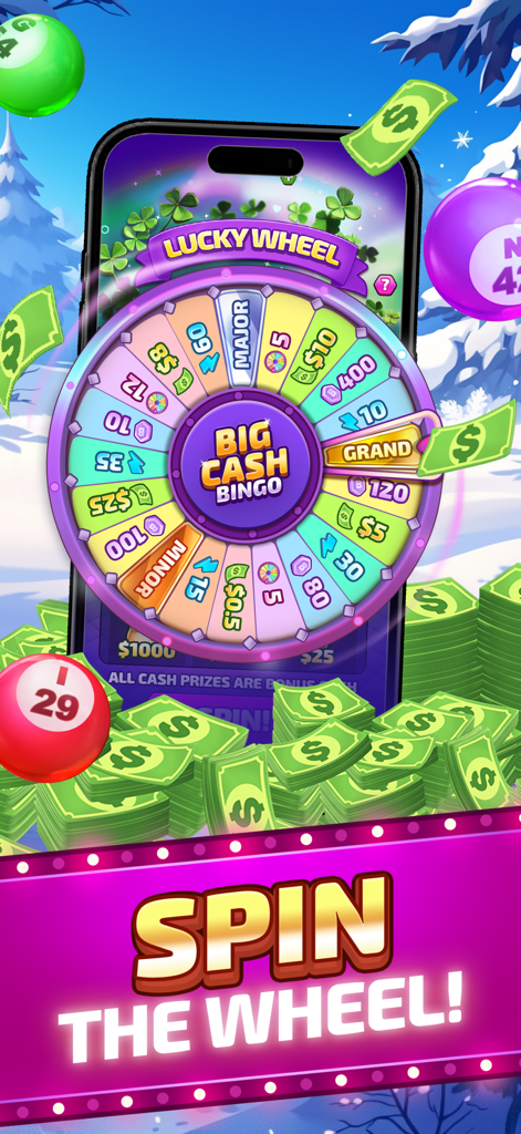 A colorful lucky wheel in the Big Cash Bingo app showing various cash and bonus prizes to spin for
