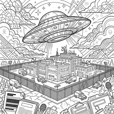 Dive into a world of intrigue with this thrilling Government UFO Cover-up coloring page. This intricate design features a mysterious flying saucer above a top-secret facility, inviting you to explore hidden truths with your colors.