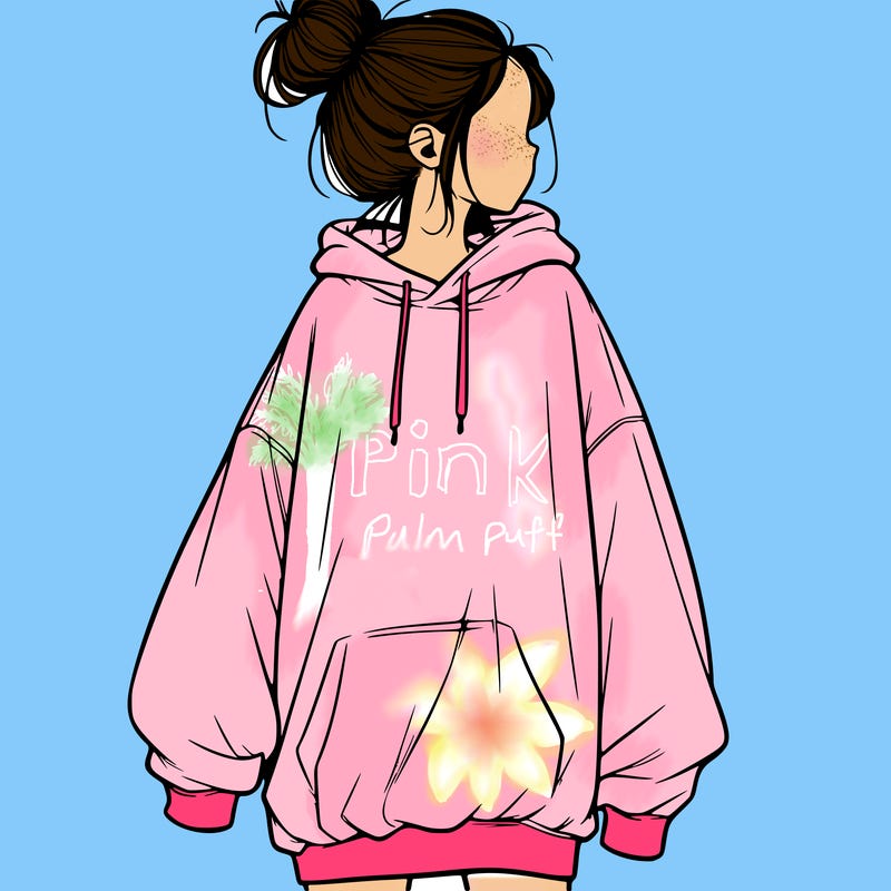 realistic girl with a oversized sweatshirt on and a bun