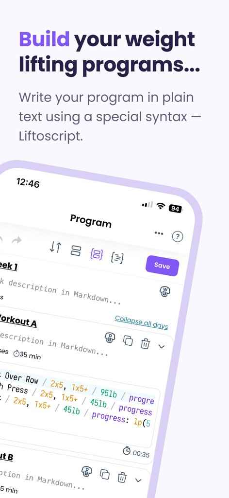 Liftosaur: Scriptable Workouts - Smartphone screen displaying the Liftoscript interface for custom weightlifting program building in Liftosaur