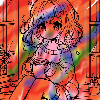 cute anime girl reading book and drinking hot chocolate from mug with loose wavy hair wearing a baggy sweatshirt and shorts sitting by windowsill looking out