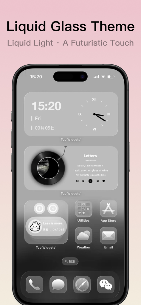 iPhone-Startbildschirm mit einem grauen, futuristischen Liquid Glass-Theme mit benutzerdefinierten Widgets und Symbolen