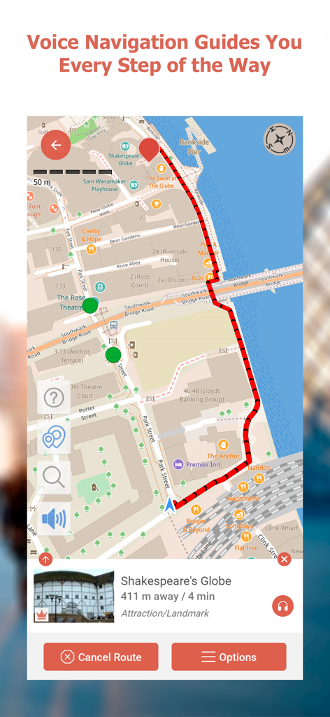 GPSmyCity: Walks in 1K+ Cities - GPSmyCity app showing a voice guided walking tour route on a map.