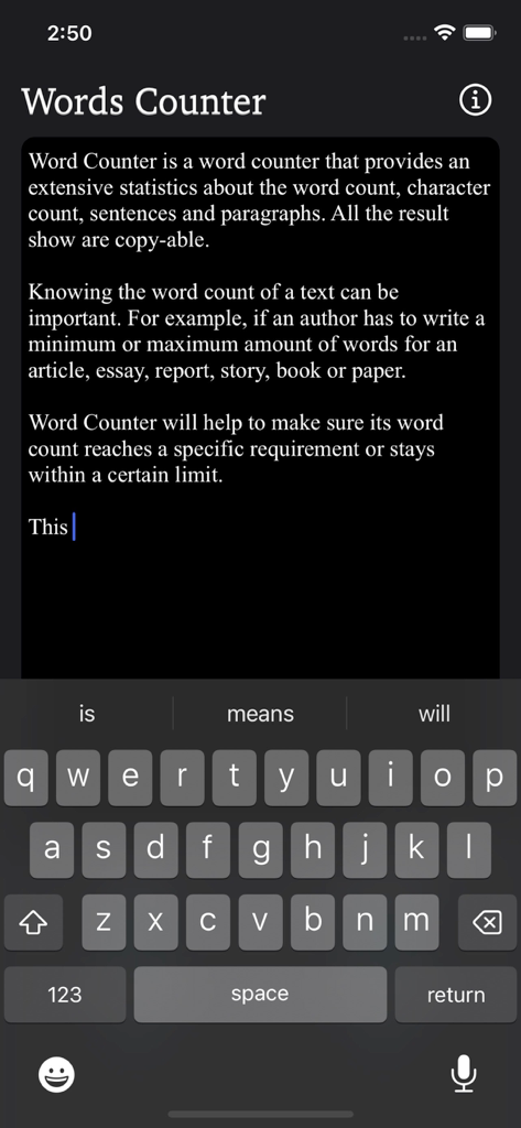Words Counter Plus app interface on iPhone showing the text editor in dark mode