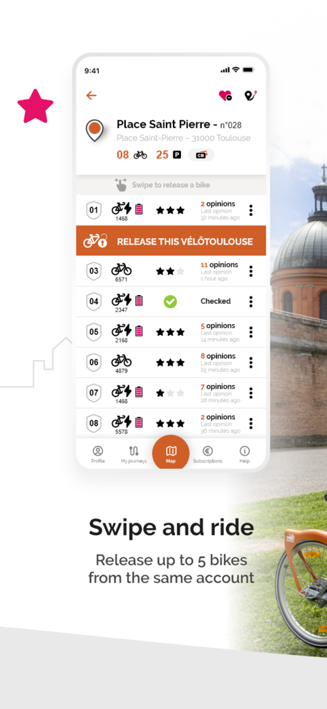 vélôToulouse officiel - Interface of the velotoulouse app showing bike availability at Place Saint Pierre station and the option to release a bike