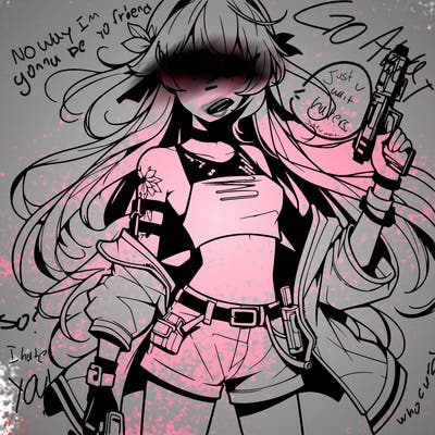 bad girl wearing crop top holding a gun long hair anime