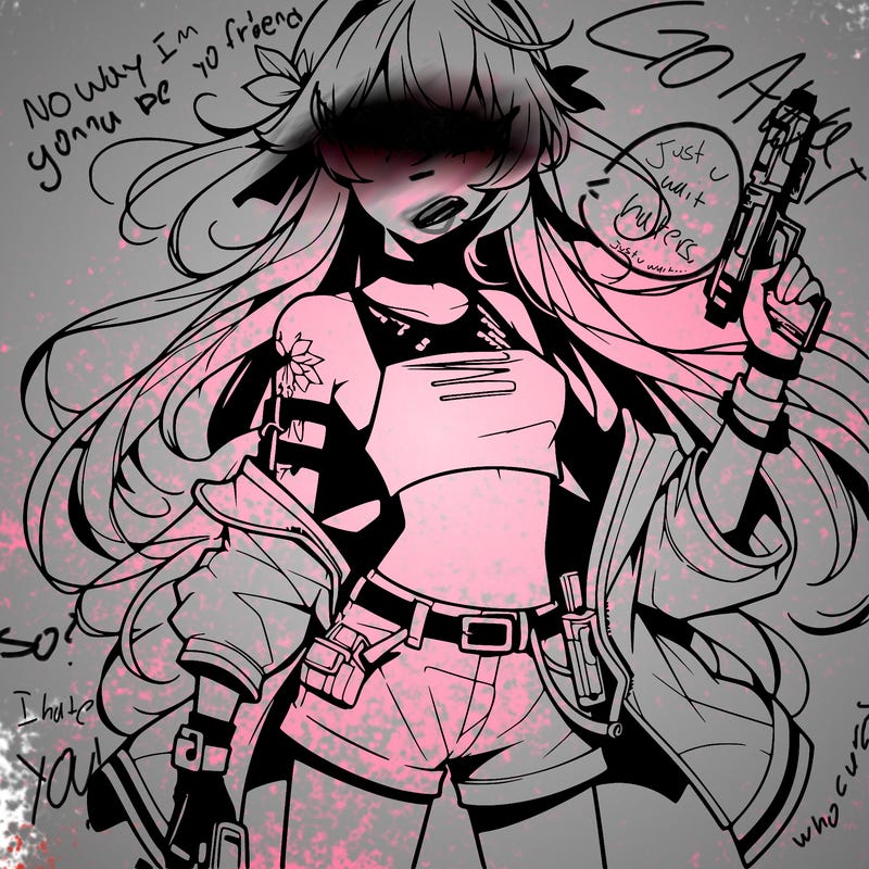 bad girl wearing crop top holding a gun long hair anime
