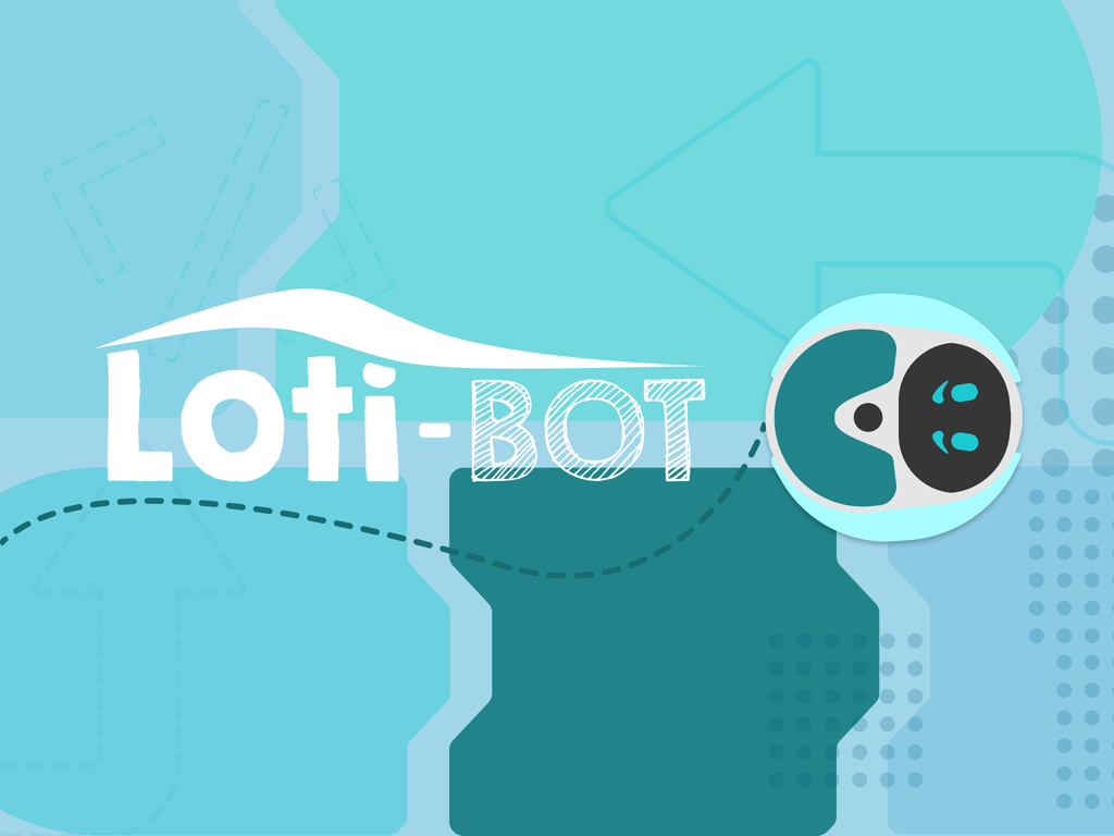 Loti-Bot - Loti-Bot app title screen featuring the brand logo and a stylized robot character for children coding