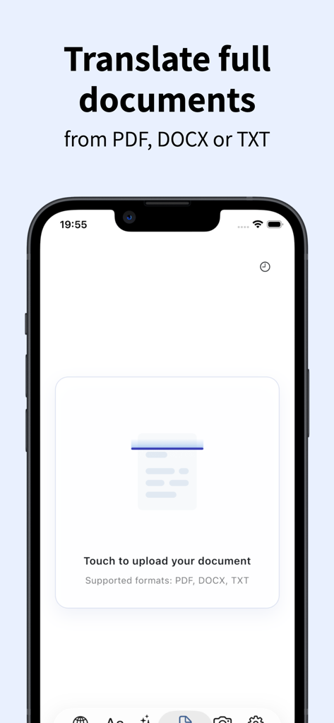 Mobile app screen for translating full documents in PDF, DOCX, and TXT formats.