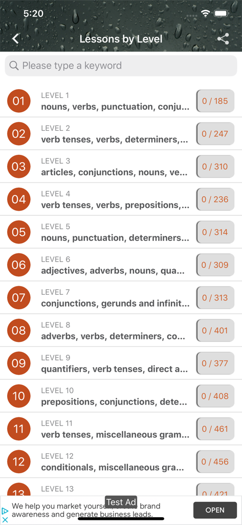 Una pantalla que muestra lecciones de gramática inglesa organizadas por niveles de dificultad del uno al trece