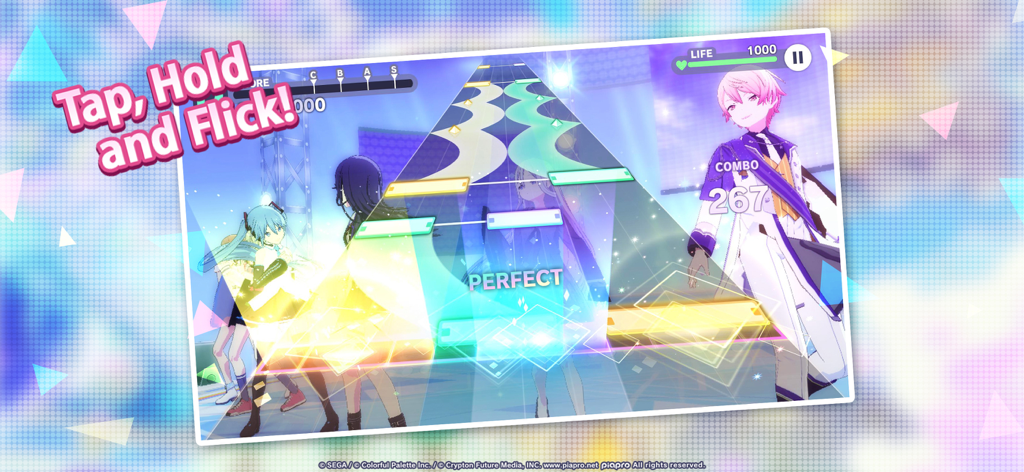 Gameplay screenshot of Hatsune Miku Colorful Stage showing the rhythm note highway and anime characters performing