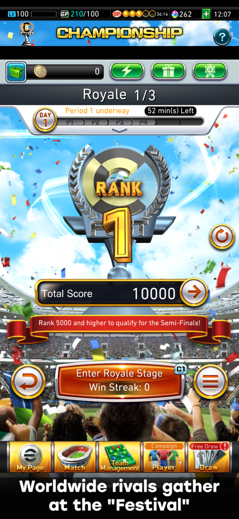 Pantalla del juego eFootball CHAMPION SQUADS mostrando el primer puesto en el festival del Campeonato Royale