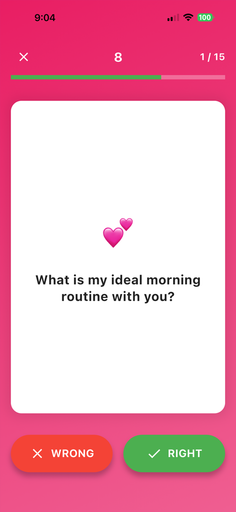 1 2 3 4 5 Players Party Games - Pantalla de juego de fiesta móvil con una tarjeta de pregunta personal con botones de correcto e incorrecto