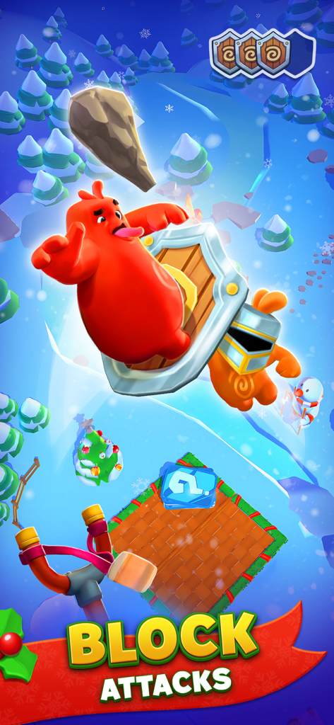 A red character using a shield to block an incoming rock attack in a snowy kingdom
