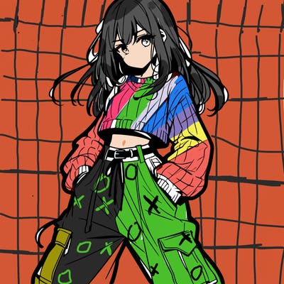 anime teen girl with baggy pants and crop top with sweater