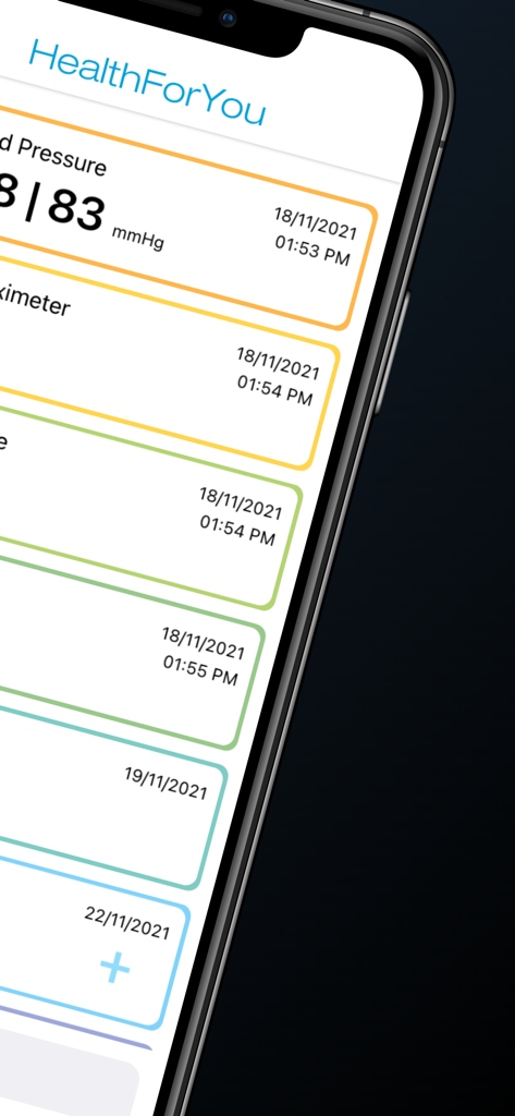 Smartphone screen displaying the HealthForYou app with recorded blood pressure and pulse oximeter readings