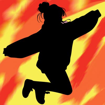 realistic girl jumping with a bun and oversized sweatshirt