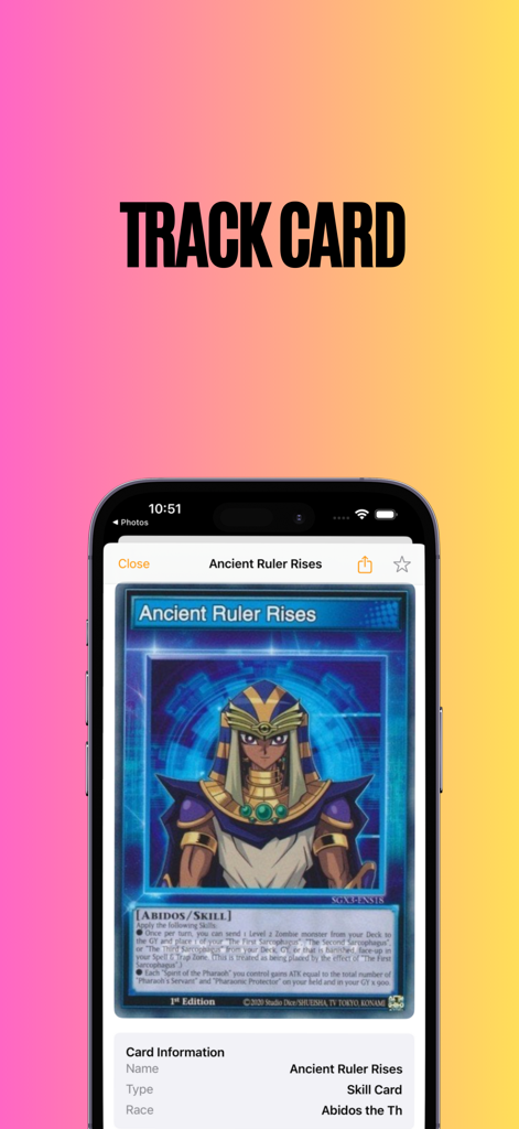 Card AI Scanner For YuGiOh - YuGiOh card scanner app tracking screen showing Ancient Ruler Rises card