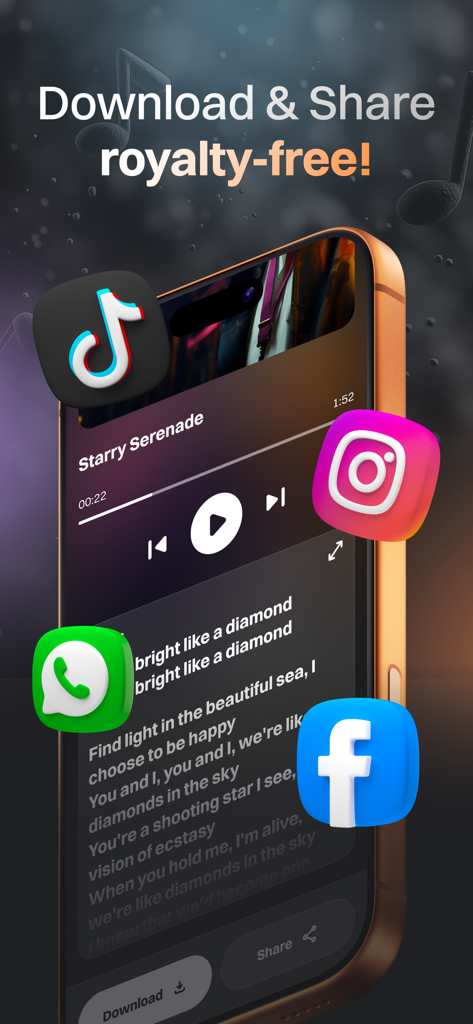 AI Music, Song Generator: Tune - A smartphone showing the Tune app interface with options to download and share royalty free AI music on TikTok Instagram and Facebook