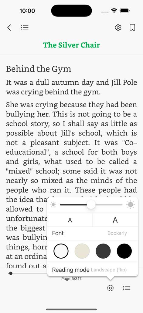 ePub Reader - Powerful - Interface of the ePub Reader app showing a book page with an open menu for font, brightness, and background color settings.