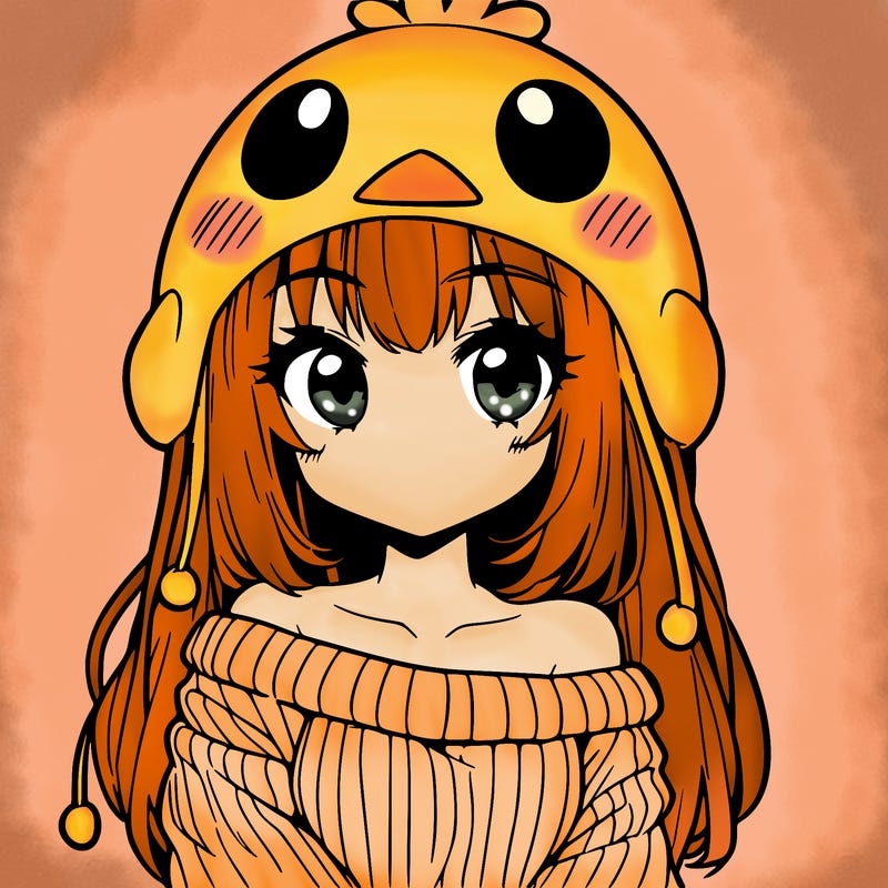 anime girl with chick shaped hat with sweater with bare shoulders with bangs covering them one eye with low tail