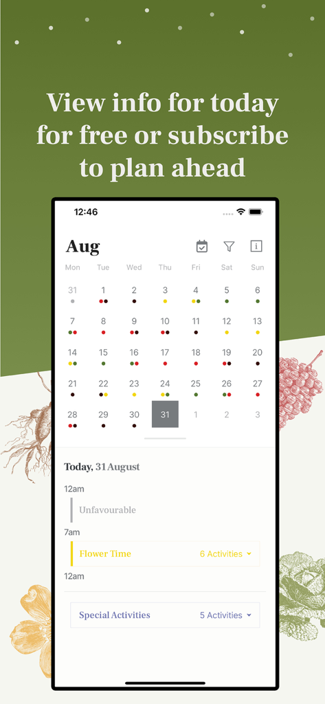 Biodynamic Gardening Calendar - Monthly calendar view of the Biodynamic Gardening Calendar app showing daily activity recommendations based on lunar rhythms.