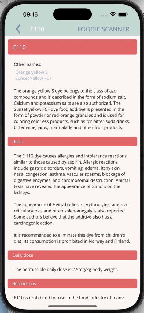 Foodie Scanner - Un informe detallado de riesgos para la salud del aditivo alimentario E110 en la aplicación móvil Foodie Scanner