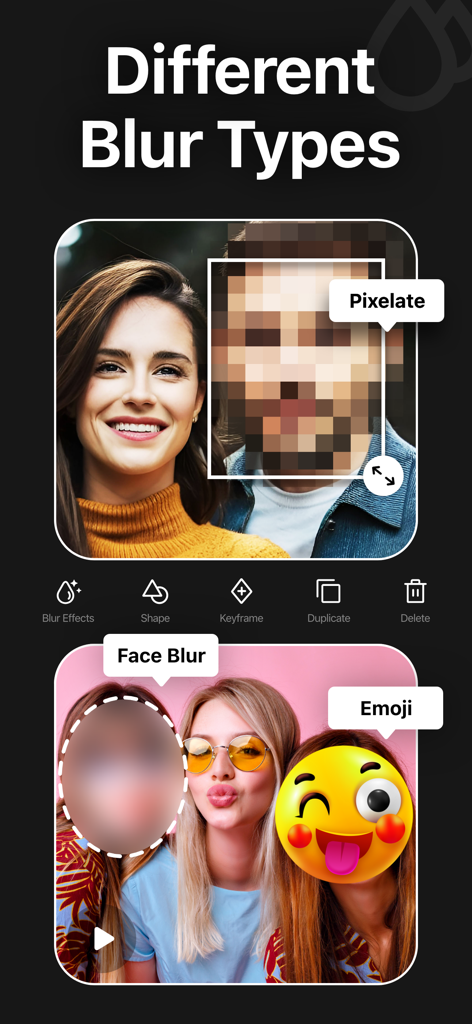 Blur Video - AI Blur Maker - A showcase of various blur effects like pixelate, face blur, and emoji in a video editing app.