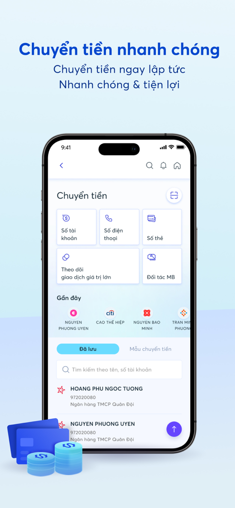 MB Bank mobile app screen showing the money transfer interface with options for account and phone number transfers