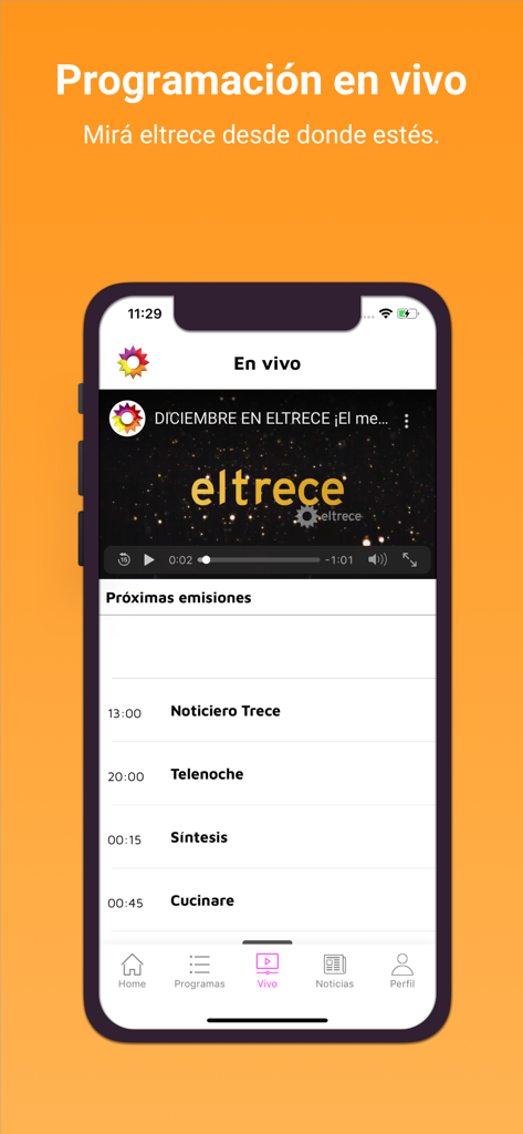 El Trece TV - Interface de l'application mobile El Trece TV montrant la diffusion en direct et les prochains programmes d'actualités.