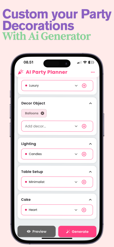 AI Party Planner & Designer - Interface of the AI Party Planner app showing options to customize decorations balloons lighting and table setup for a party