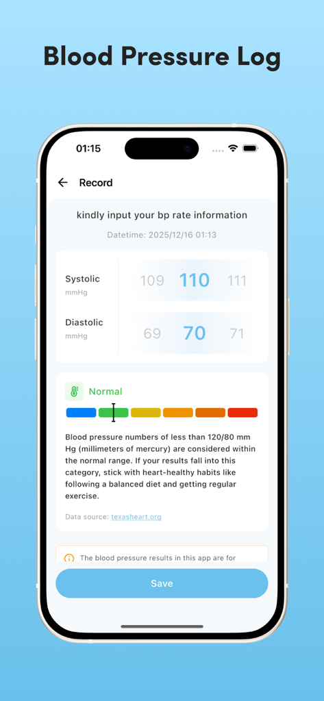 BP & Glucose Insight - Manual log screen for blood pressure entry showing systolic and diastolic readings with a normal status indicator.