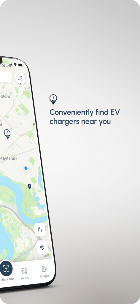 Wevolt app screen displaying a map with nearby electric vehicle charging points.