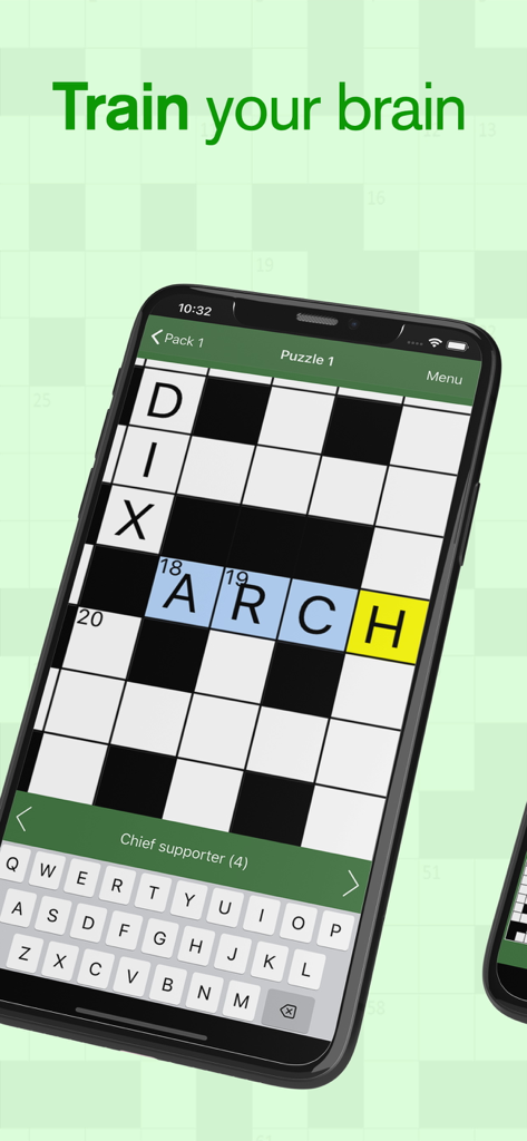 Cryptic crossword puzzle interface on a mobile phone with the header Train your brain
