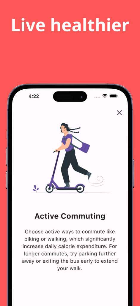 A health tip about active commuting displayed on the ScaleTale weight loss app screen featuring an illustration of a woman on a scooter.