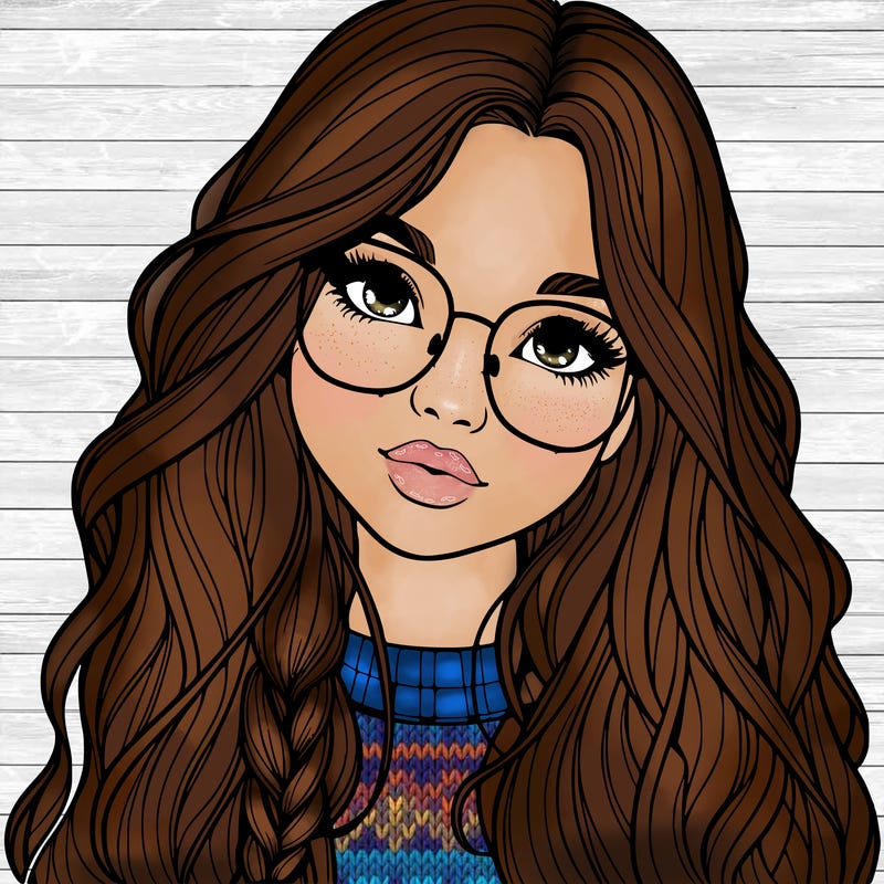 girl with long hair and freckles and glasses realistic