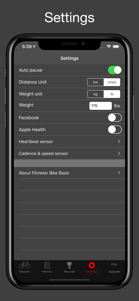 Fitmeter Bike Basic - Cycling - Schermata delle impostazioni dell'app Fitmeter Bike che mostra le opzioni di configurazione per unità di distanza e sensori