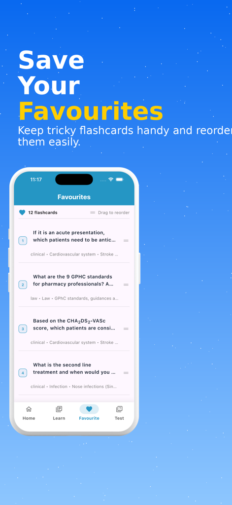 Flash Pharmacy - Flash Pharmacy app interface showing the favorites section with a list of bookmarked pharmacy flashcards for study