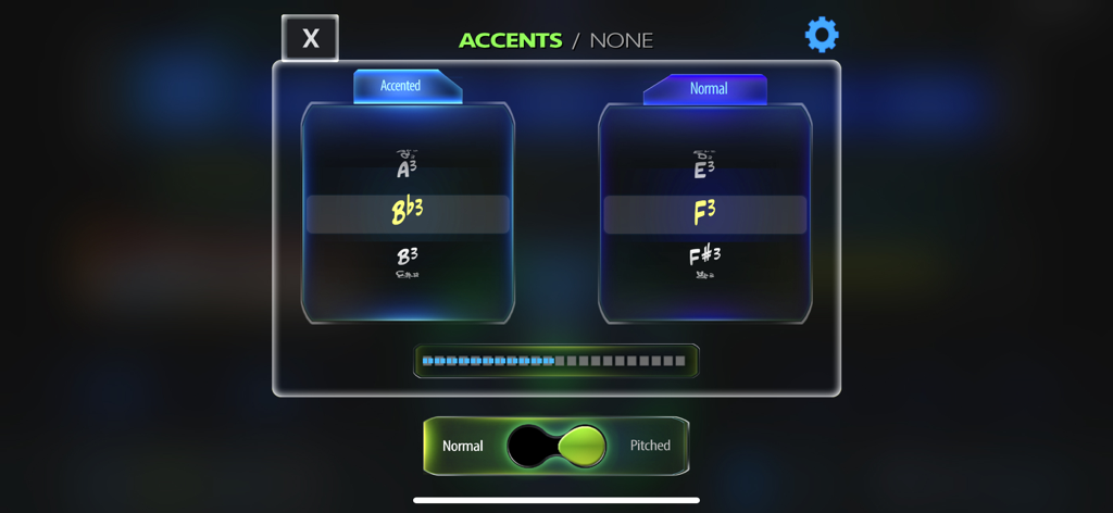 GrooveClixアプリでのアクセント付きおよび通常のメトロノームクリックのピッチ選択インターフェイス