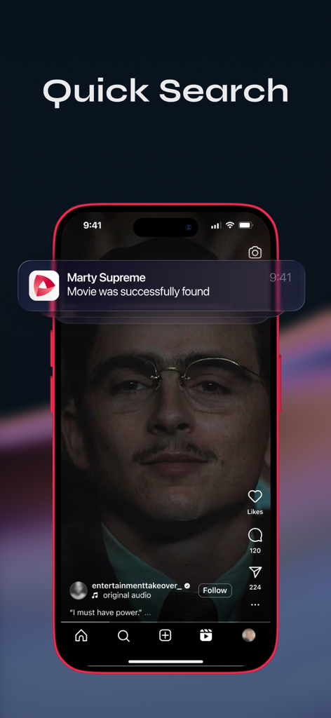 ClipFix: Movie Shazam - Smartphone screen showing a movie clip on social media with a ClipFix notification confirming the movie was successfully found.