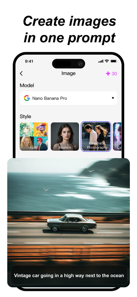 Nice AI Spark - Nice AI Spark app interface showing AI image generation with a prompt of a vintage car on a coastal highway using cinematic photography style