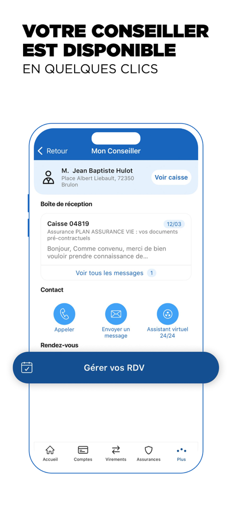 Interfaz de la aplicación Credit Mutuel que muestra opciones para contactar a un asesor bancario y gestionar citas