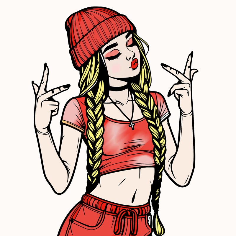 realistic teenage girl with braids and a beanie and crop top doing 🫶🏼